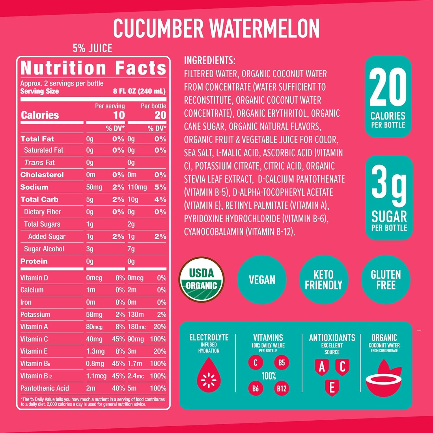 Roar Organic Electrolyte Infusions - USDA Organic - Cucumber Watermelon - with Antioxidants, B Vitamins, Low-Calorie, Low-Sugar, Low-Carb, Coconut Water Infused Beverage 18 Fl Oz (Pack of 12)4