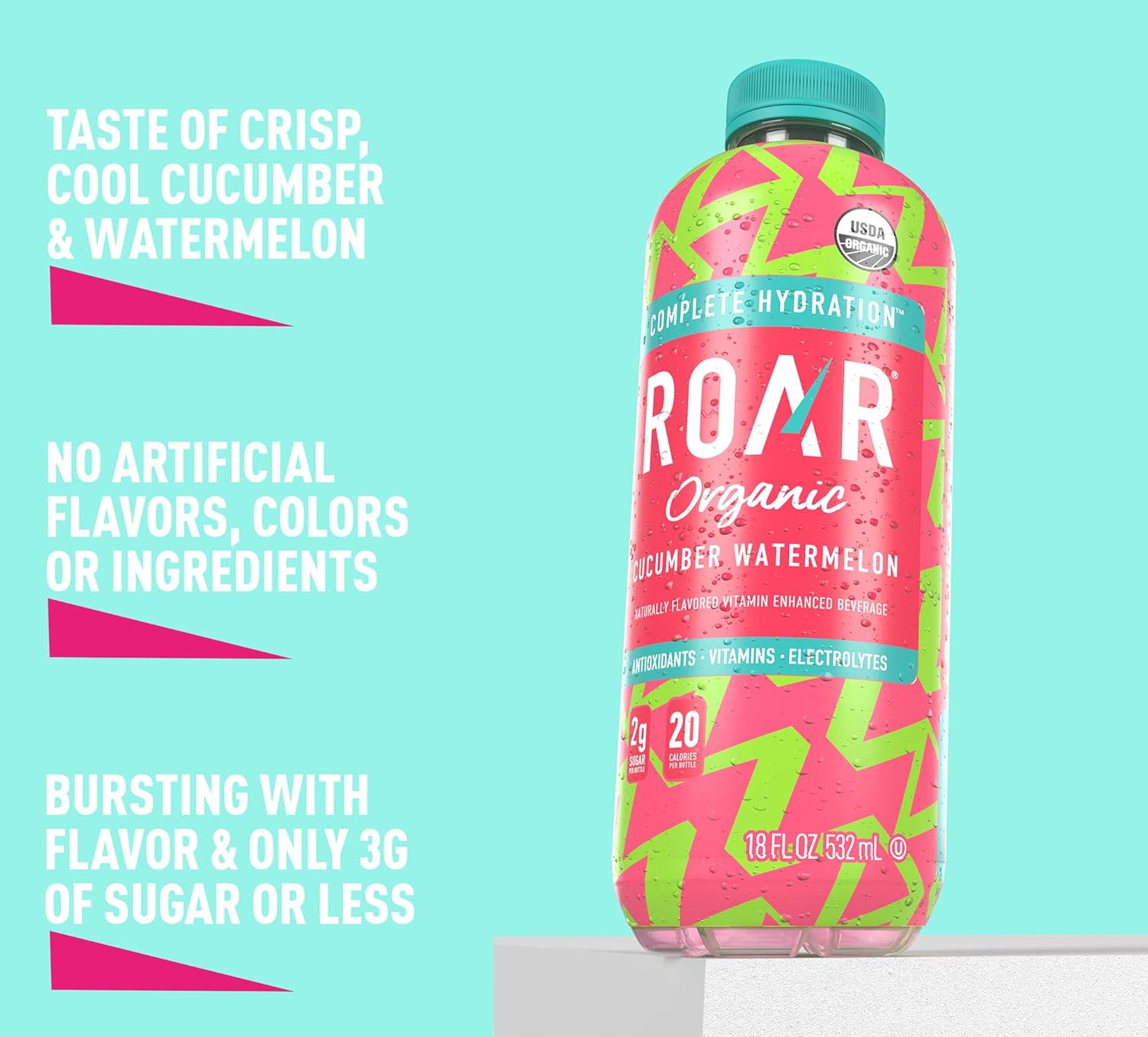 Roar Organic Electrolyte Infusions - USDA Organic - Cucumber Watermelon - with Antioxidants, B Vitamins, Low-Calorie, Low-Sugar, Low-Carb, Coconut Water Infused Beverage 18 Fl Oz (Pack of 12)8