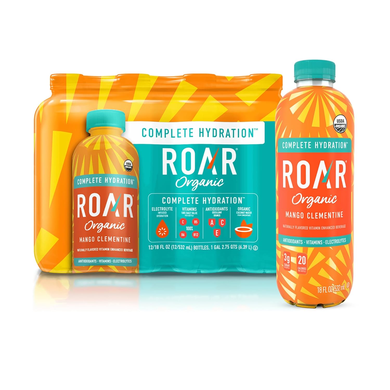 Roar Organic Electrolyte Infusions - USDA Organic - Mango Clementine - with Antioxidants, B Vitamins, Low-Calorie, Low-Sugar, Low-Carb, Coconut Water Infused Beverage 18 Fl Oz (Pack of 12) Roar Organic Electrolyte Infusions - USDA Organic - Mango Clementine - with Antioxidants, B Vitamins, Low-Calorie, Low-Sugar, Low-Carb, Coconut Water Infused Beverage 18 Fl Oz (Pack of 12)