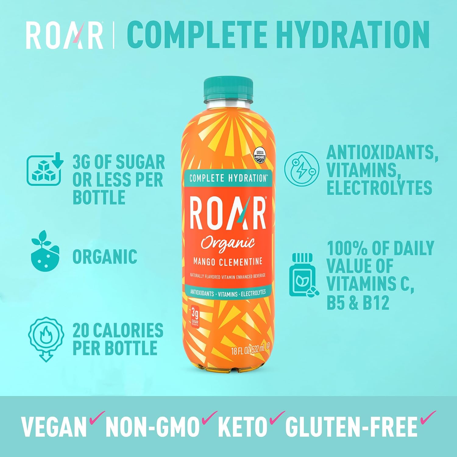 Roar Organic Electrolyte Infusions - USDA Organic - Mango Clementine - with Antioxidants, B Vitamins, Low-Calorie, Low-Sugar, Low-Carb, Coconut Water Infused Beverage 18 Fl Oz (Pack of 12)1