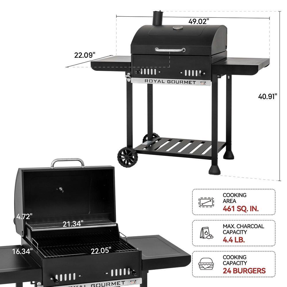 Royal Gourmet CD1824EH 24 in. Movable Charcoal Grill in Black, 2 Foldable Side Shelves, 2-Level Height-Adjustable Charcoal Pan3