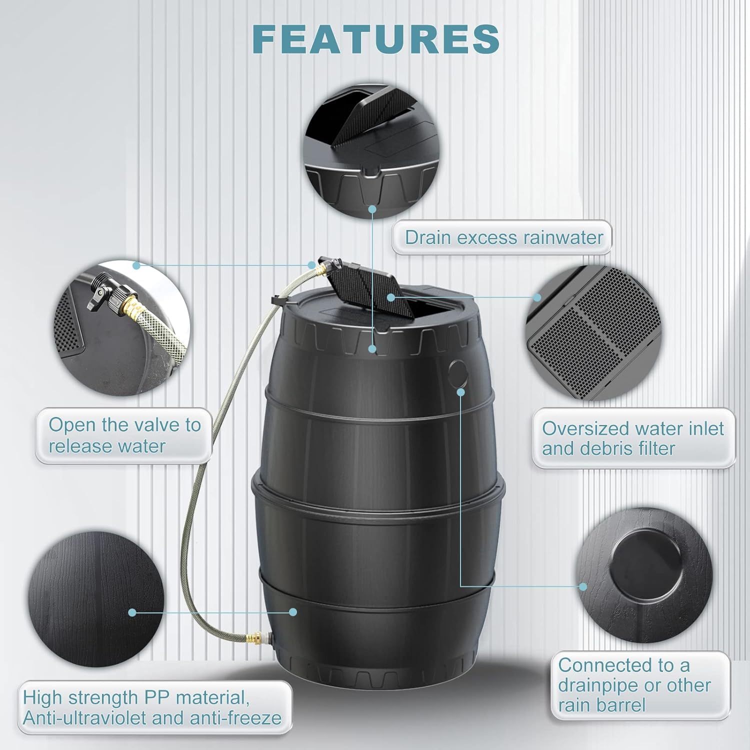 SQUEEZE master 50 Gallon Rainwater Collection Barrel-BPA Free Home Rain Catcher with Outlet Hose-Flatback Designed Water Storage Collection Barrel for Gardens and Plants2