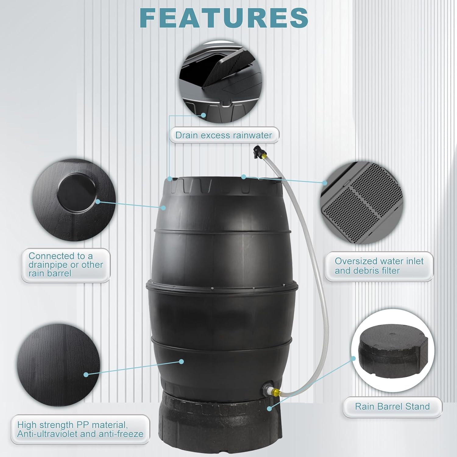 SQUEEZE master 50 Gallon Rainwater Collection Barrel with Stand-BPA Free Home Rain Catcher with Outlet Hose-Flatback Designed Water Storage Collection Barrel for Gardens and Plants1