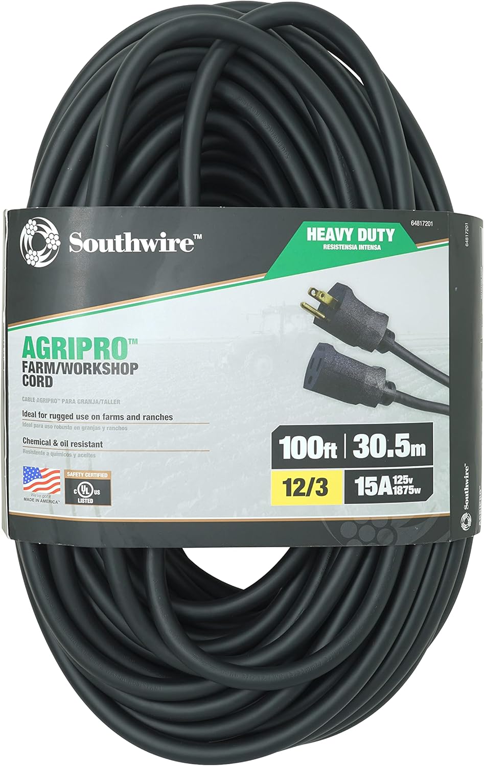 Southwire AGRIPRO 12 3 Heavy Duty Extension Cord, 100ft, Farm Workshop Cord, SJTOW, Black, 64817201 Southwire AGRIPRO 12/3 Heavy Duty Extension Cord, 100ft, Farm/Workshop Cord, SJTOW, Black, 64817201