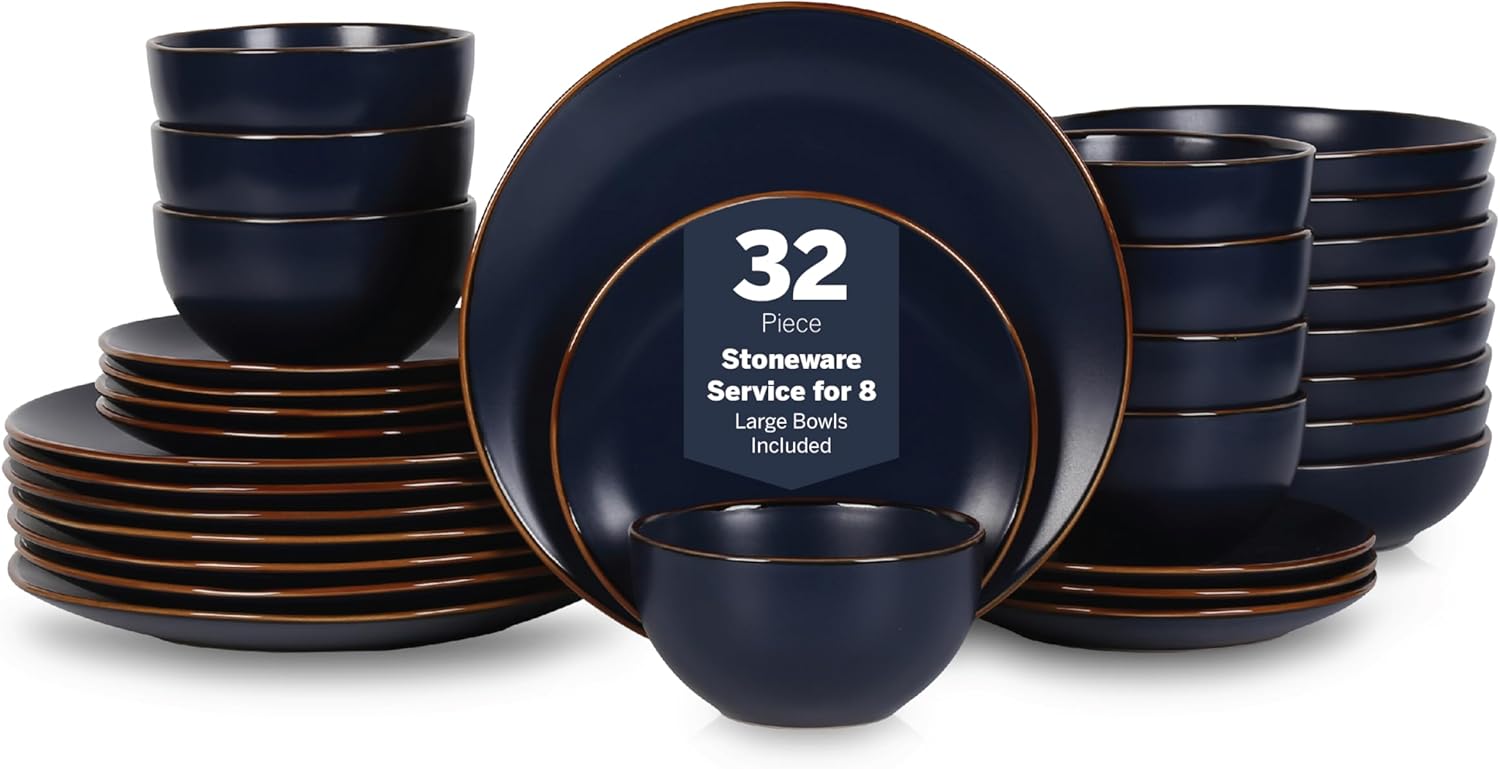 Stone Lain Brasa Modern Stoneware 32 Piece Dinnerware Sets, Plates and bowls Sets, Dish Set for 8, Blue Stone Lain Brasa Modern Stoneware 32 Piece Dinnerware Sets, Plates and bowls Sets, Dish Set for 8, Blue