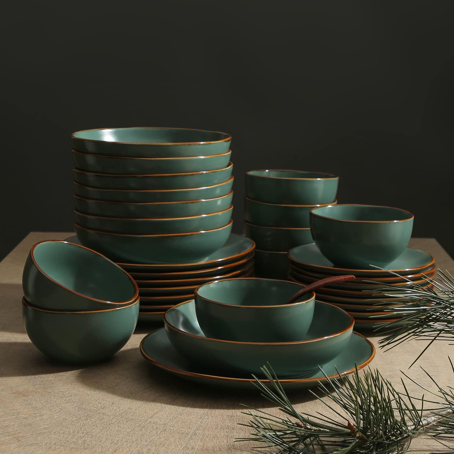 Stone Lain Brasa Modern Stoneware 32 Piece Dinnerware Sets, Plates and bowls Sets, Dish Set for 8, Green1
