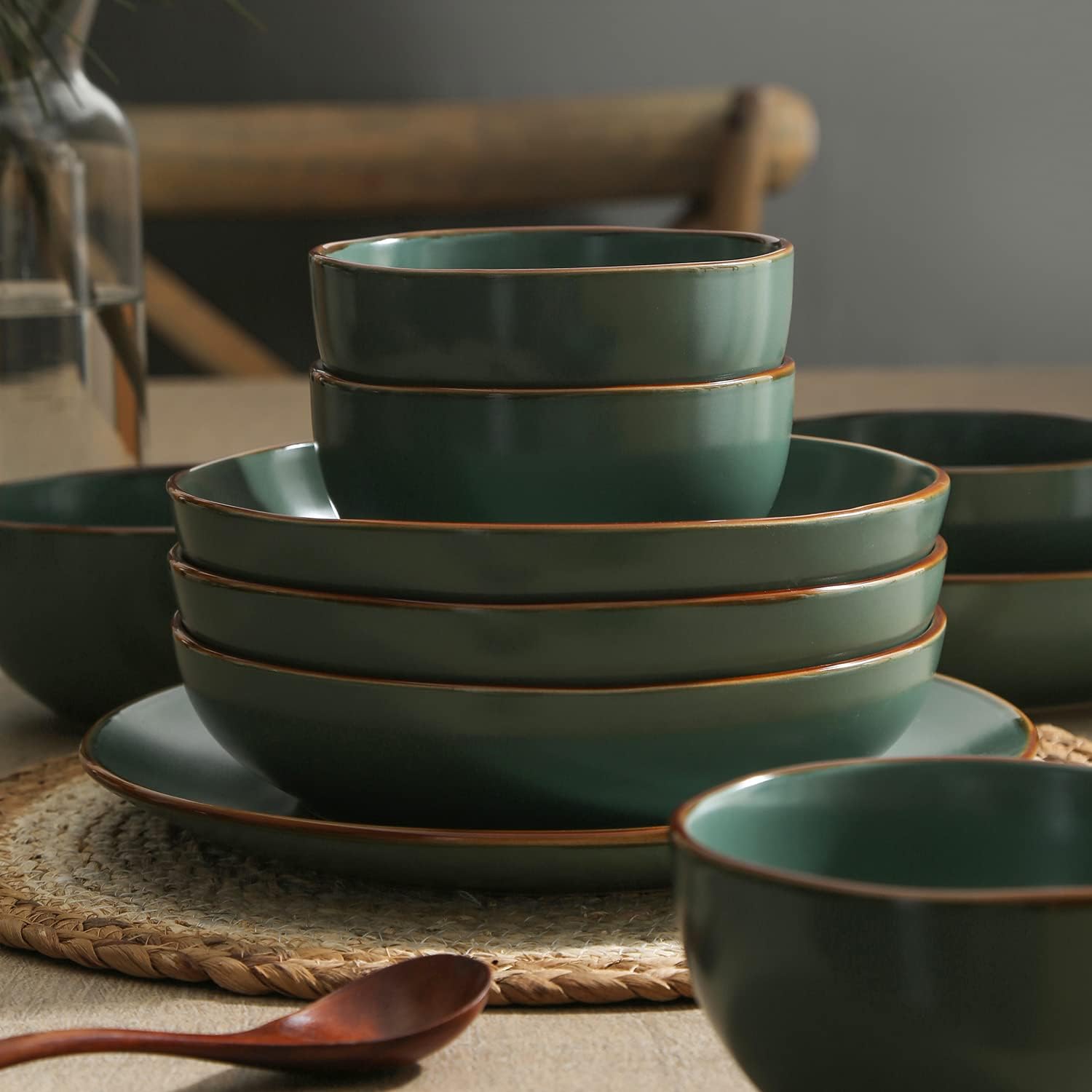 Stone Lain Brasa Modern Stoneware 32 Piece Dinnerware Sets, Plates and bowls Sets, Dish Set for 8, Green8