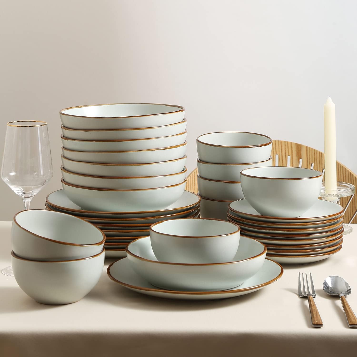 Stone Lain Brasa Modern Stoneware 32 Piece Dinnerware Sets, Plates and bowls Sets, Dish Set for 8, Light Green1
