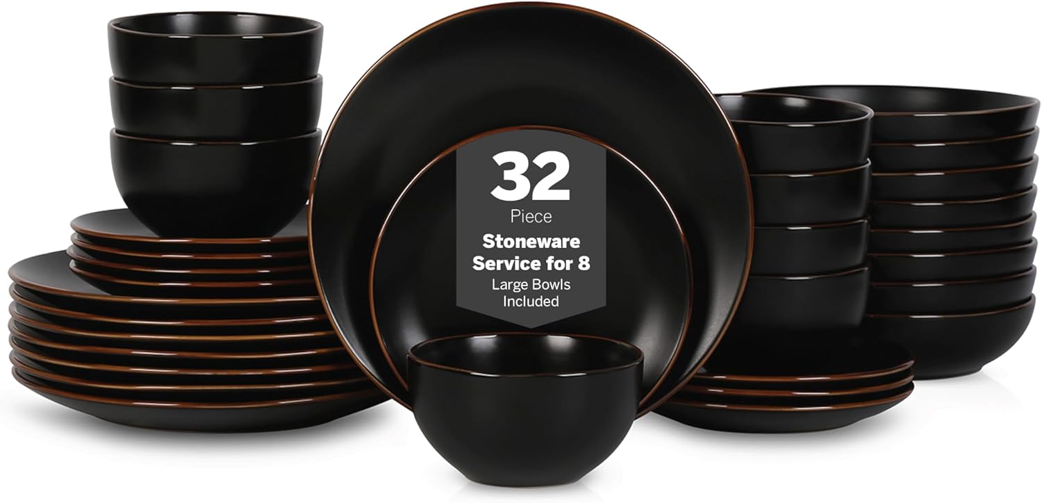 Stone Lain Brasa Stoneware 32 Piece Dinnerware, Plates and Bowls Sets for 8, Black, Glossy Rustic-Chic Design, Microwave & Dishwasher Safe Stone Lain Brasa Stoneware 32 Piece Dinnerware, Plates and Bowls Sets for 8, Black, Glossy Rustic-Chic Design, Microwave & Dishwasher Safe