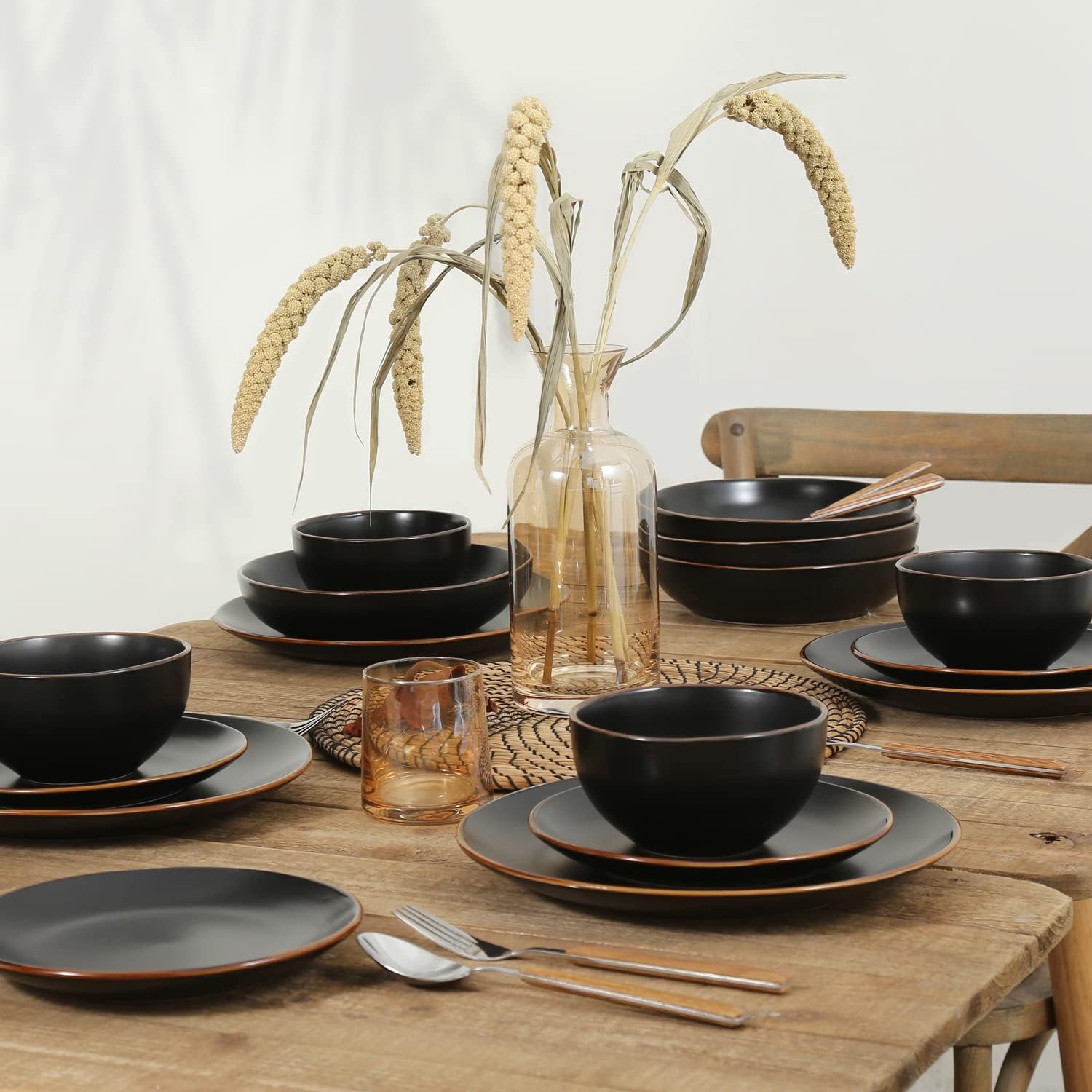 Stone Lain Brasa Stoneware 32 Piece Dinnerware, Plates and Bowls Sets for 8, Black, Glossy Rustic-Chic Design, Microwave & Dishwasher Safe13