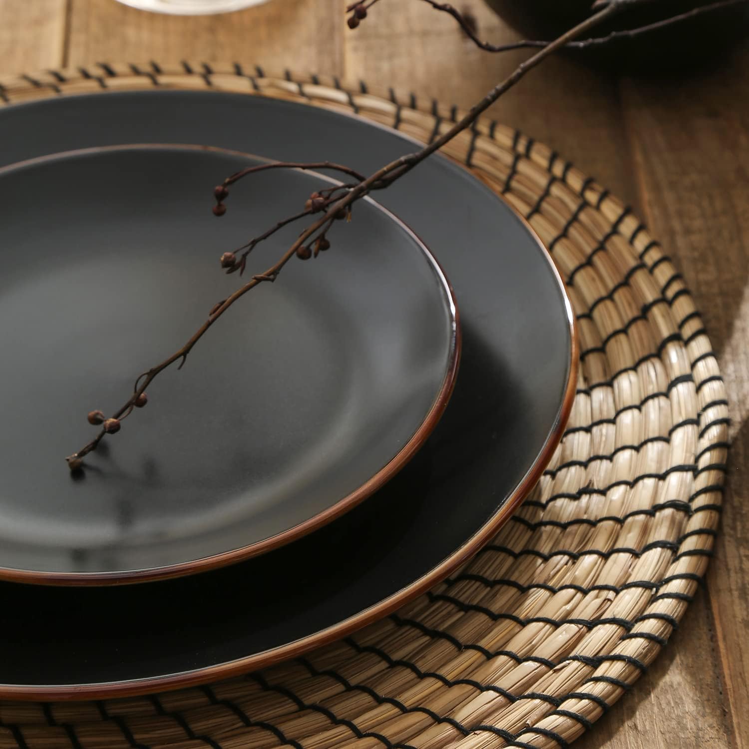 Stone Lain Brasa Stoneware 32 Piece Dinnerware, Plates and Bowls Sets for 8, Black, Glossy Rustic-Chic Design, Microwave & Dishwasher Safe6