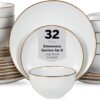 Stone Lain Brasa Stoneware 32 Piece Dinnerware, Plates and Bowls Sets for 8, White, Glossy Rustic-Chic Design, Microwave & Dishwasher Safe