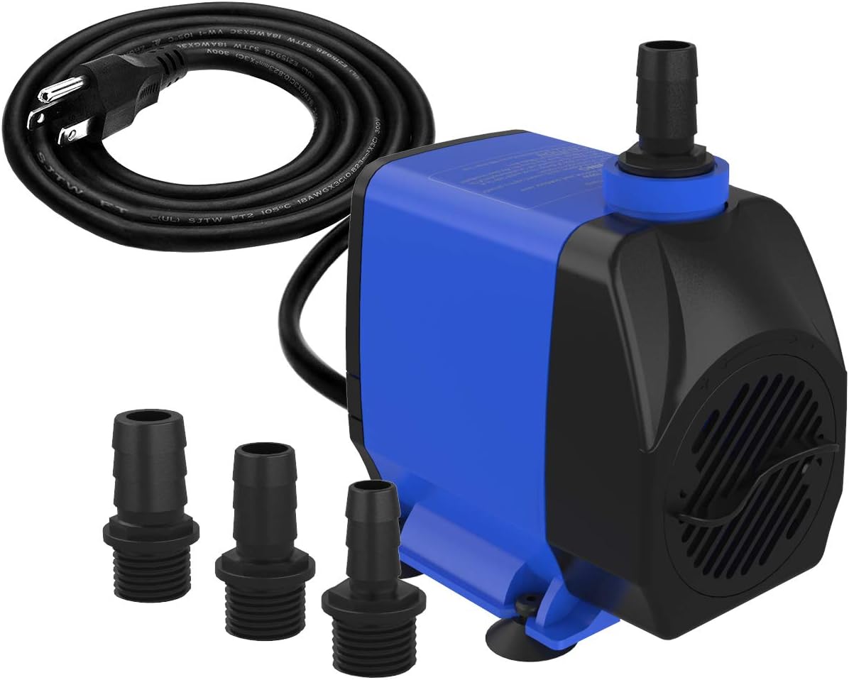 Submersible Pump 1056GPH (4000L H 85W) Ultra Quiet with Dry Burning Protection 9.8ft Power Cord for Fountains, Hydroponics, Ponds, Aquariums & More… Submersible Pump 1056GPH (4000L/H 85W) Ultra Quiet with Dry Burning Protection 9.8ft Power Cord for Fountains, Hydroponics, Ponds, Aquariums & More…