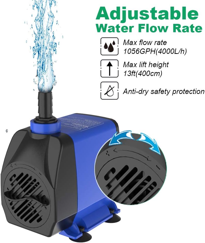 Submersible Pump 1056GPH (4000L H 85W) Ultra Quiet with Dry Burning Protection 9.8ft Power Cord for Fountains, Hydroponics, Ponds, Aquariums & More…1