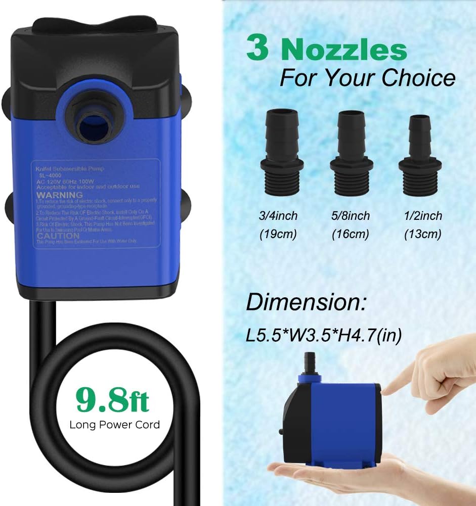 Submersible Pump 1056GPH (4000L H 85W) Ultra Quiet with Dry Burning Protection 9.8ft Power Cord for Fountains, Hydroponics, Ponds, Aquariums & More…6