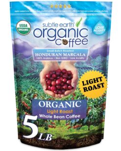 Subtle Earth Organic Coffee - Light Roast - Whole Bean Coffee - 100% Arabica Beans - Low Acidity and Non-GMO - 5lb bag