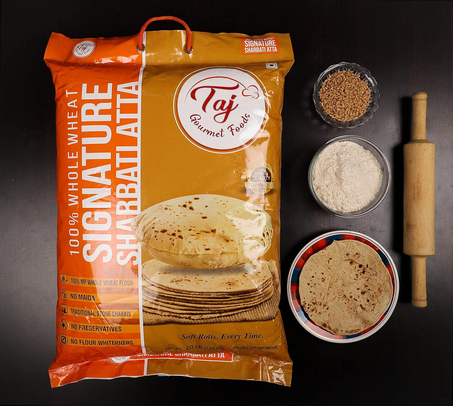 TAJ Signature Sharbati Atta 20-Pounds (Chakki Atta - Stone Ground), 100% Whole Wheat Flour, Chappati Flour11
