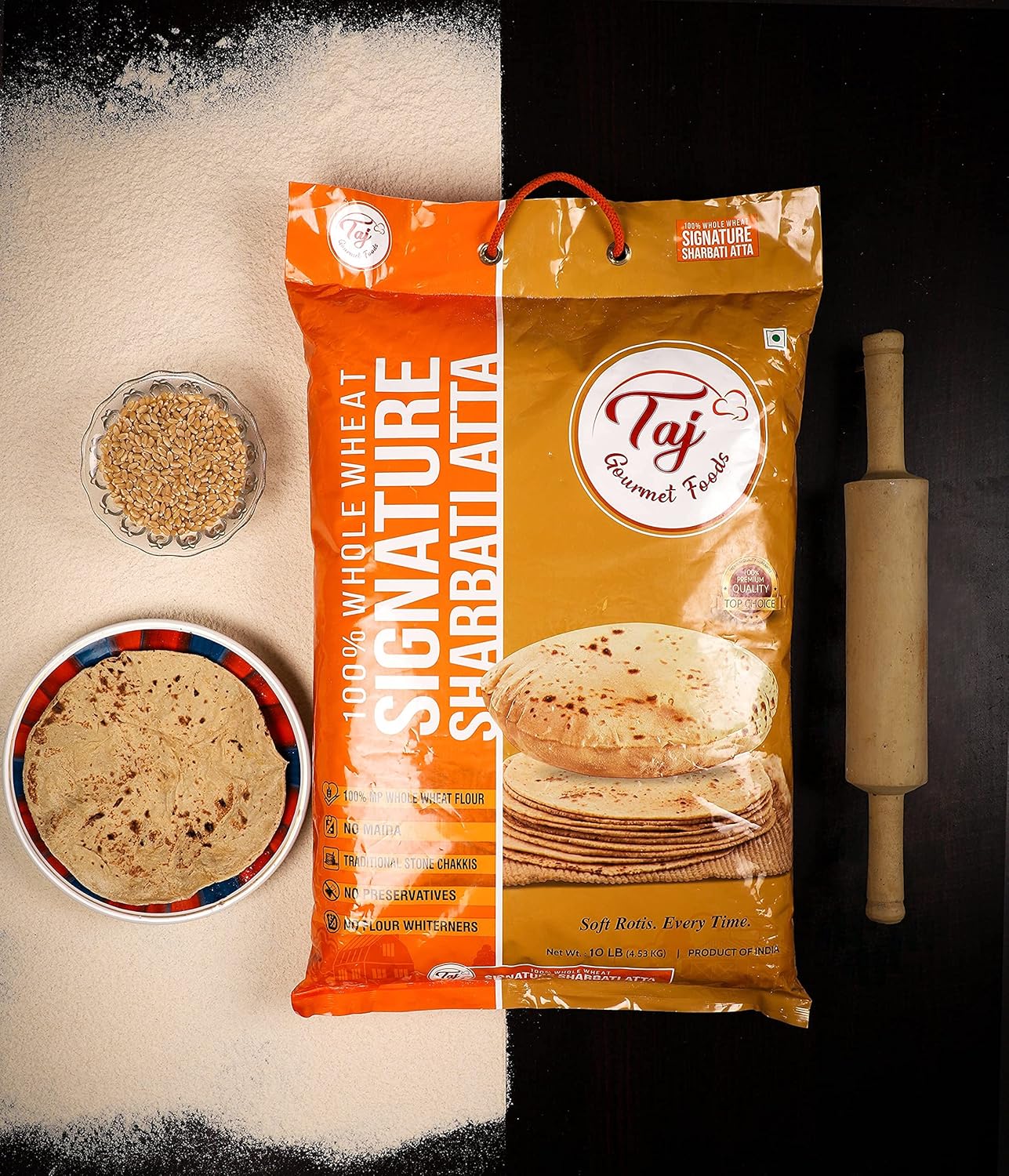 TAJ Signature Sharbati Atta 20-Pounds (Chakki Atta - Stone Ground), 100% Whole Wheat Flour, Chappati Flour12