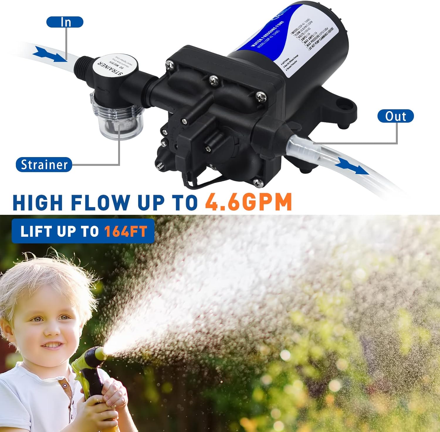 TDRFORCE Fresh Water Booster Pump - 5.5GPM, 75 PSI, Self Priming, Diaphragm, Washdown & Inline for Boats & Garden Hose9