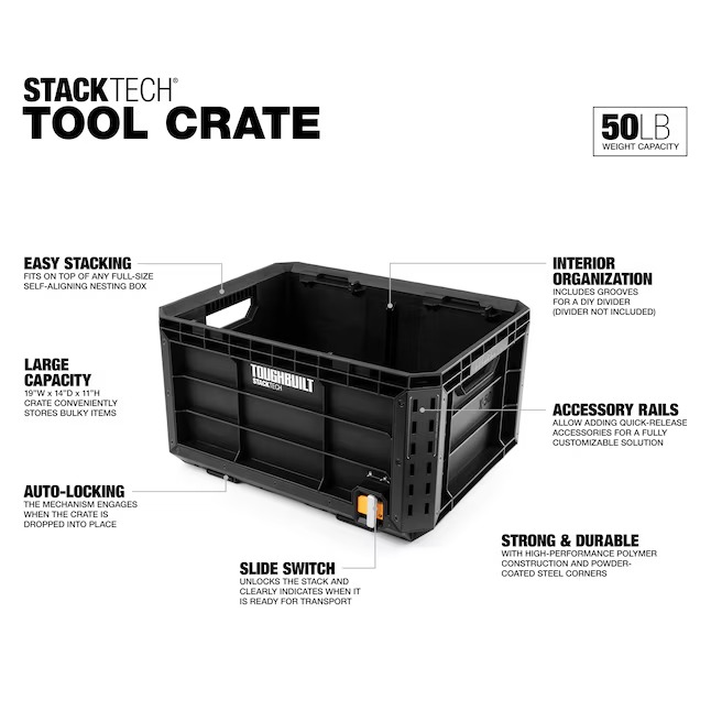 TOUGHBUILT TB-B1-X-50 STACKTECH Crate 21-in W x 11.4-in H x 16-in D Plastic Metal Tool Box2_11zon