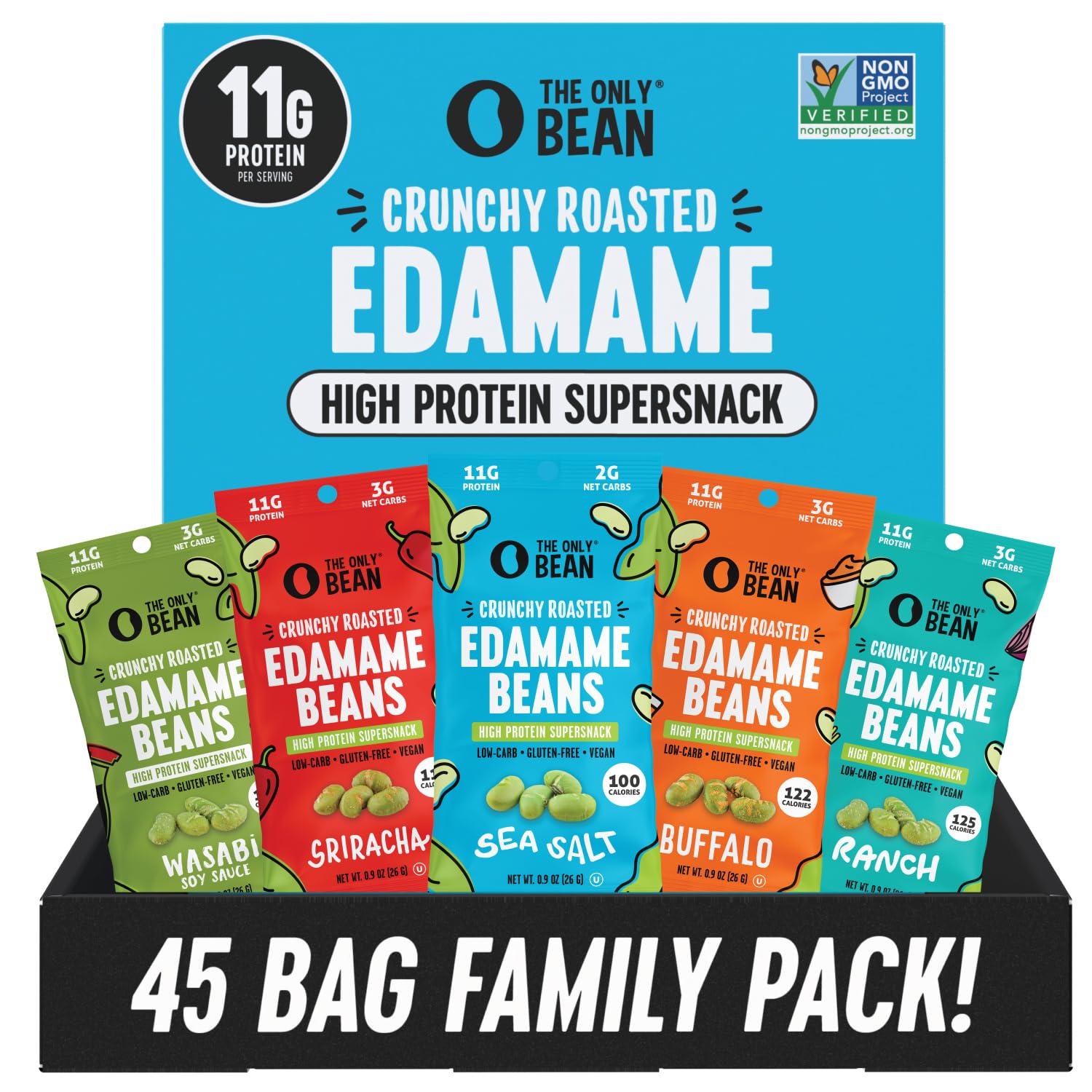 The Only Bean High Protein Snacks, Healthy Office Snacks, Healthy Snacks for Adults and Kids for Lunch, Vegan, Low Carb & Gluten Free - Edamame Beans Snack, Variety Pack - 0.9oz (Pack of 45) The Only Bean High Protein Snacks, Healthy Office Snacks, Healthy Snacks for Adults and Kids for Lunch, Vegan, Low Carb & Gluten Free - Edamame Beans Snack, Variety Pack - 0.9oz (Pack of 45)