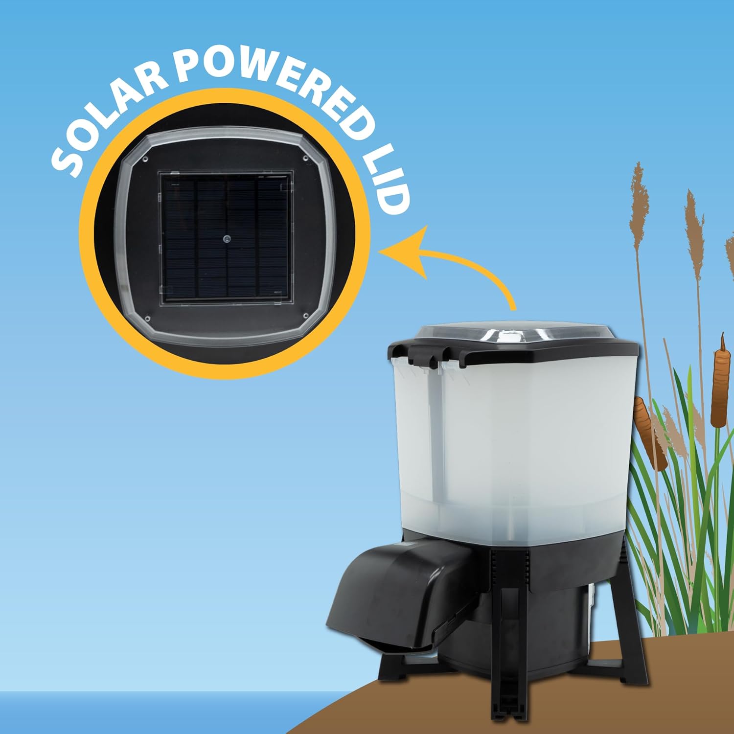 The Pond Guy KoiGrower Automatic Pond Fish Food Dispenser, Solar, Battery & AC Electric Power, Auto Timed Koi Pellet Feeder, 5 Gallon Feed Container0