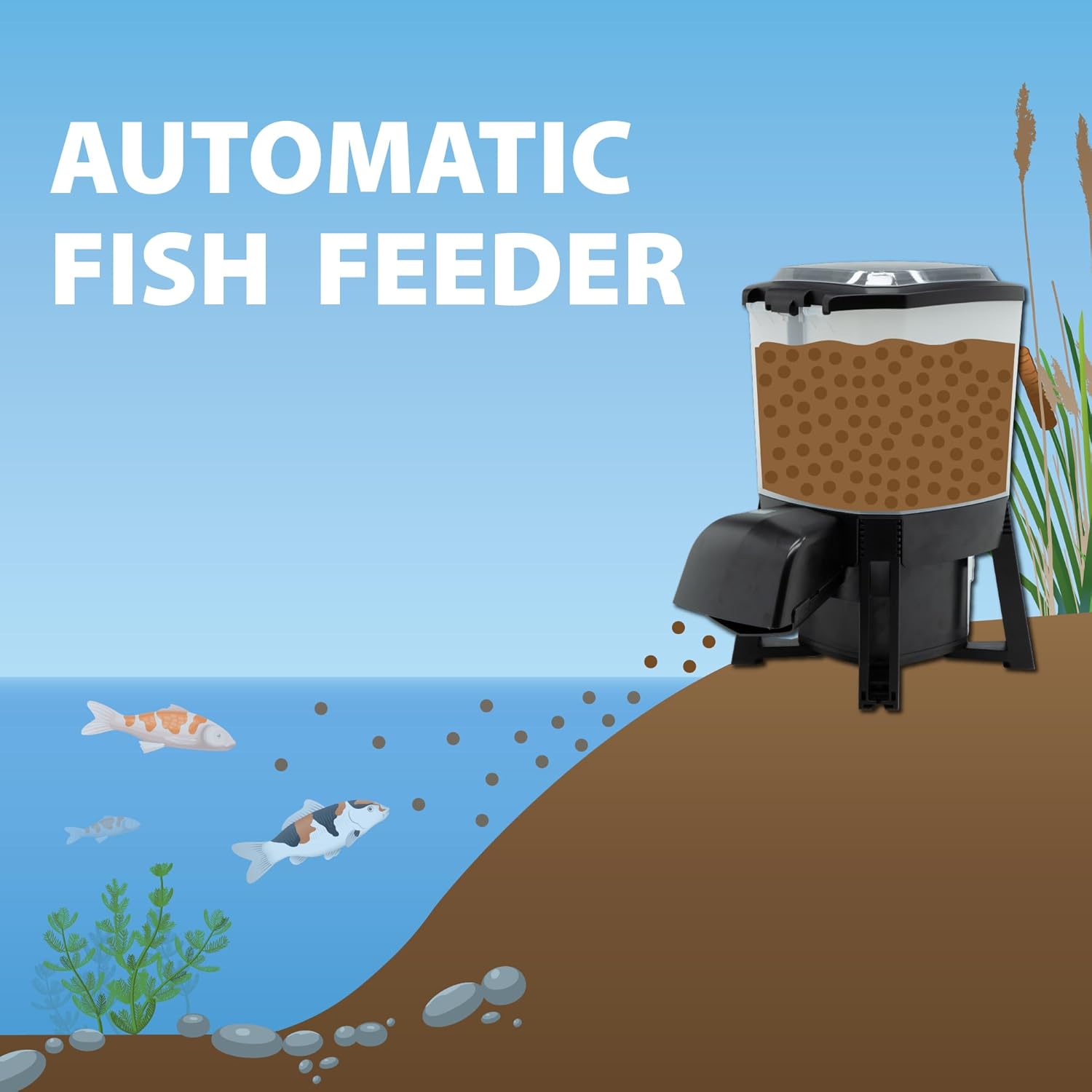 The Pond Guy KoiGrower Automatic Pond Fish Food Dispenser, Solar, Battery & AC Electric Power, Auto Timed Koi Pellet Feeder, 5 Gallon Feed Container7