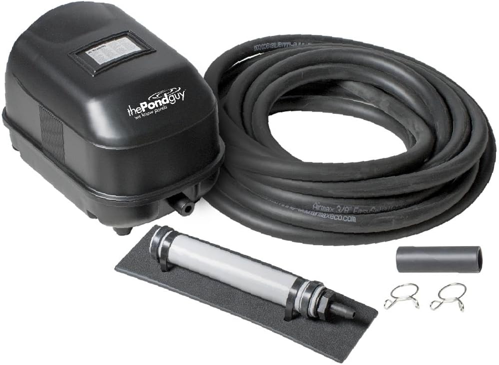 The Pond Guy Pond Aerator 1, Complete Aeration Kit, Water Garden Oxygenation Bubbler System Adds Oxygen to Koi & Fish Ponds, Outdoor Diaphragm Compressor Pump, Air Line & 1 Submersible Diffuser Stick The Pond Guy Pond Aerator 1, Complete Aeration Kit, Water Garden Oxygenation Bubbler System Adds Oxygen to Koi & Fish Ponds, Outdoor Diaphragm Compressor Pump, Air Line & 1 Submersible Diffuser Stick