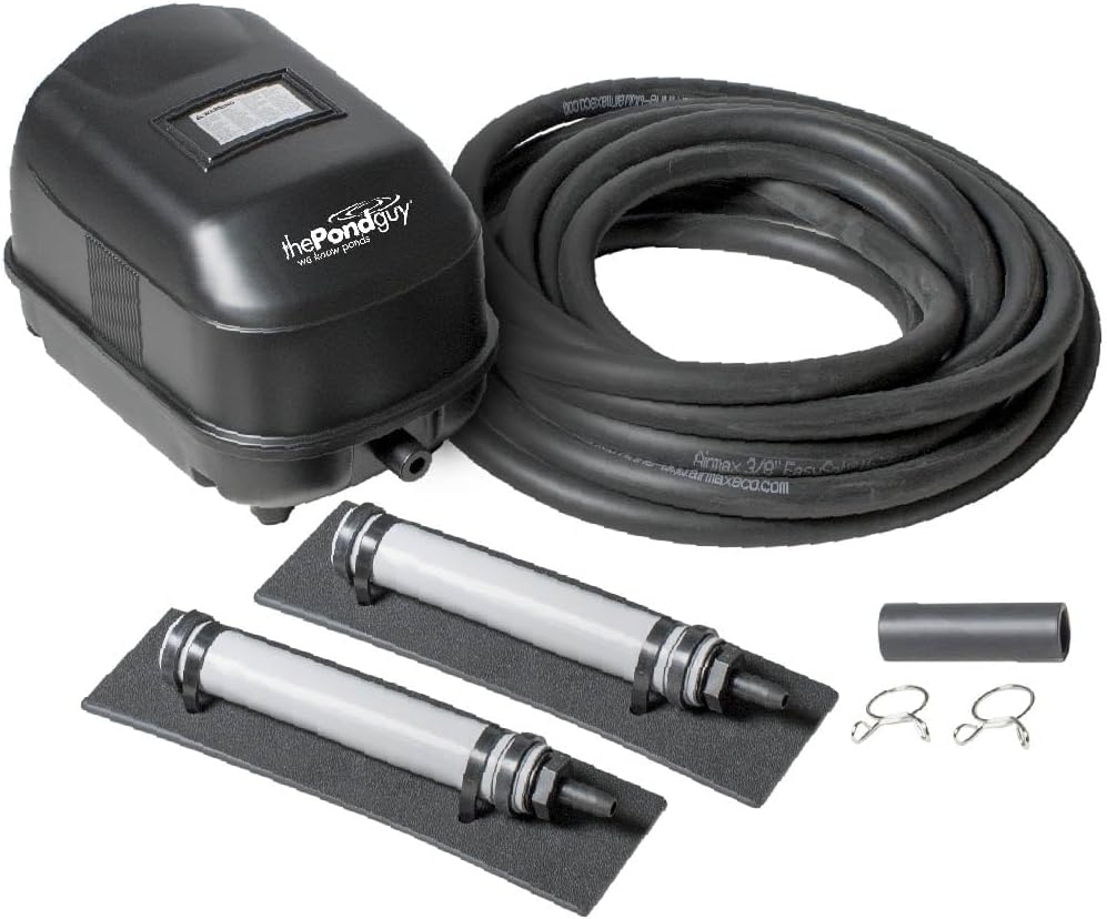 The Pond Guy Pond Aerator 2, Complete Aeration Kit, Water Garden Oxygenation Bubbler System Adds Oxygen to Koi & Fish Ponds, Outdoor Diaphragm Compressor Pump, Air Line & 2 Submersible Diffuser Stick The Pond Guy Pond Aerator 2, Complete Aeration Kit, Water Garden Oxygenation Bubbler System Adds Oxygen to Koi & Fish Ponds, Outdoor Diaphragm Compressor Pump, Air Line & 2 Submersible Diffuser Stick