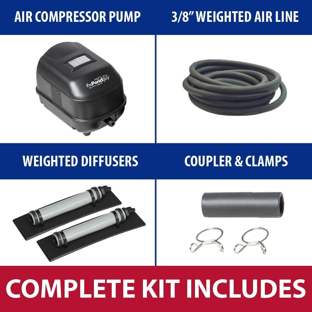 The Pond Guy Pond Aerator 2, Complete Aeration Kit, Water Garden Oxygenation Bubbler System Adds Oxygen to Koi & Fish Ponds, Outdoor Diaphragm Compressor Pump, Air Line & 2 Submersible Diffuser Stick1