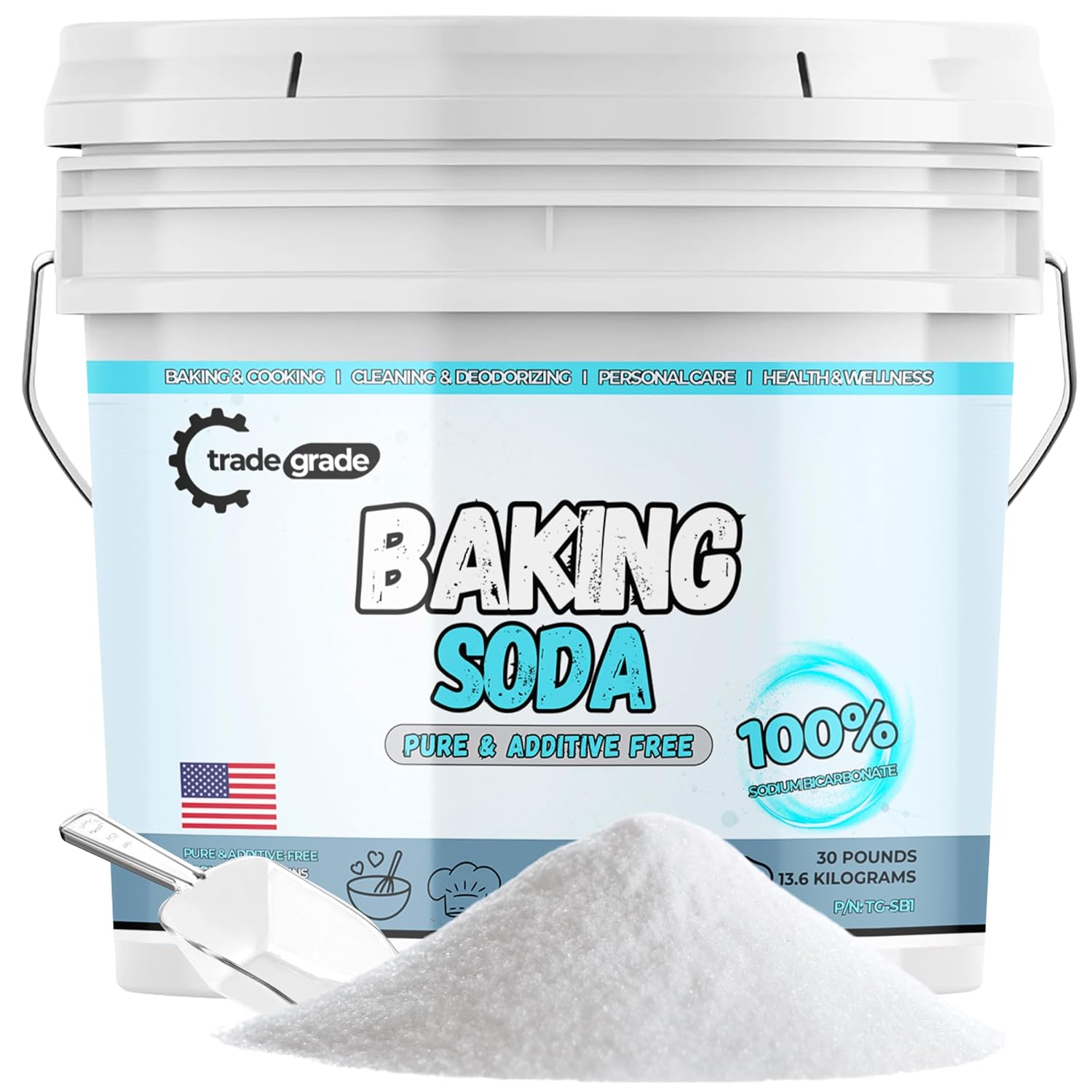 TradeGrade 100% Pure Baking Soda Powder – 30 lb Bucket Sodium Bicarbonate Premium Food-Grade for Baking, Bread, Cookies & More Natural Cleaner & Deodorizer (30 Pounds) TradeGrade 100% Pure Baking Soda Powder – 30 lb Bucket Sodium Bicarbonate | Premium Food-Grade for Baking, Bread, Cookies & More | Natural Cleaner & Deodorizer (30 Pounds)
