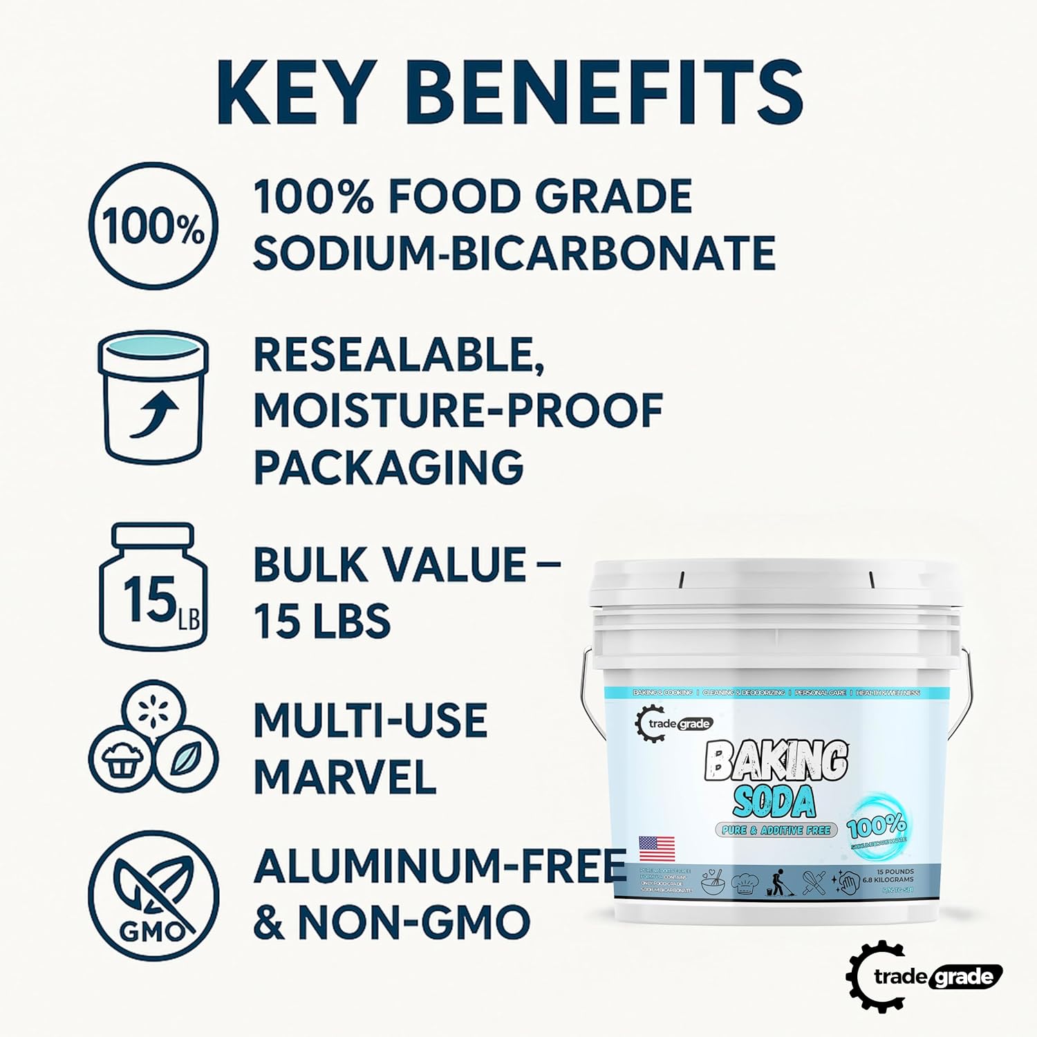 TradeGrade 100% Pure Baking Soda Powder – 30 lb Bucket Sodium Bicarbonate Premium Food-Grade for Baking, Bread, Cookies & More Natural Cleaner & Deodorizer (30 Pounds)3