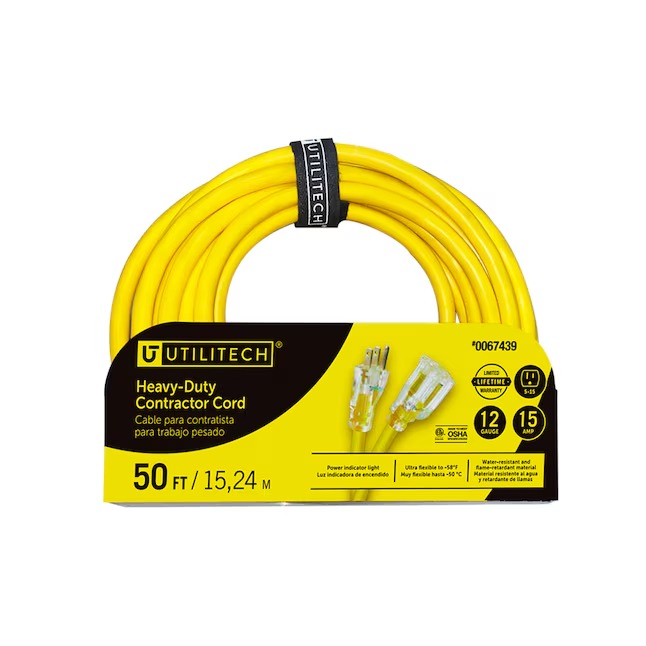 Utilitech Pro 0081 Extension Cord 50-ft 12 3 3 Prong Yellow Outdoor SJTW Medium Duty Lighted Extension Cord_11zon (1) Utilitech Pro 0081 Extension Cord 50-ft 12 / 3 3 Prong Yellow Outdoor SJTW Medium Duty Lighted Extension Cord