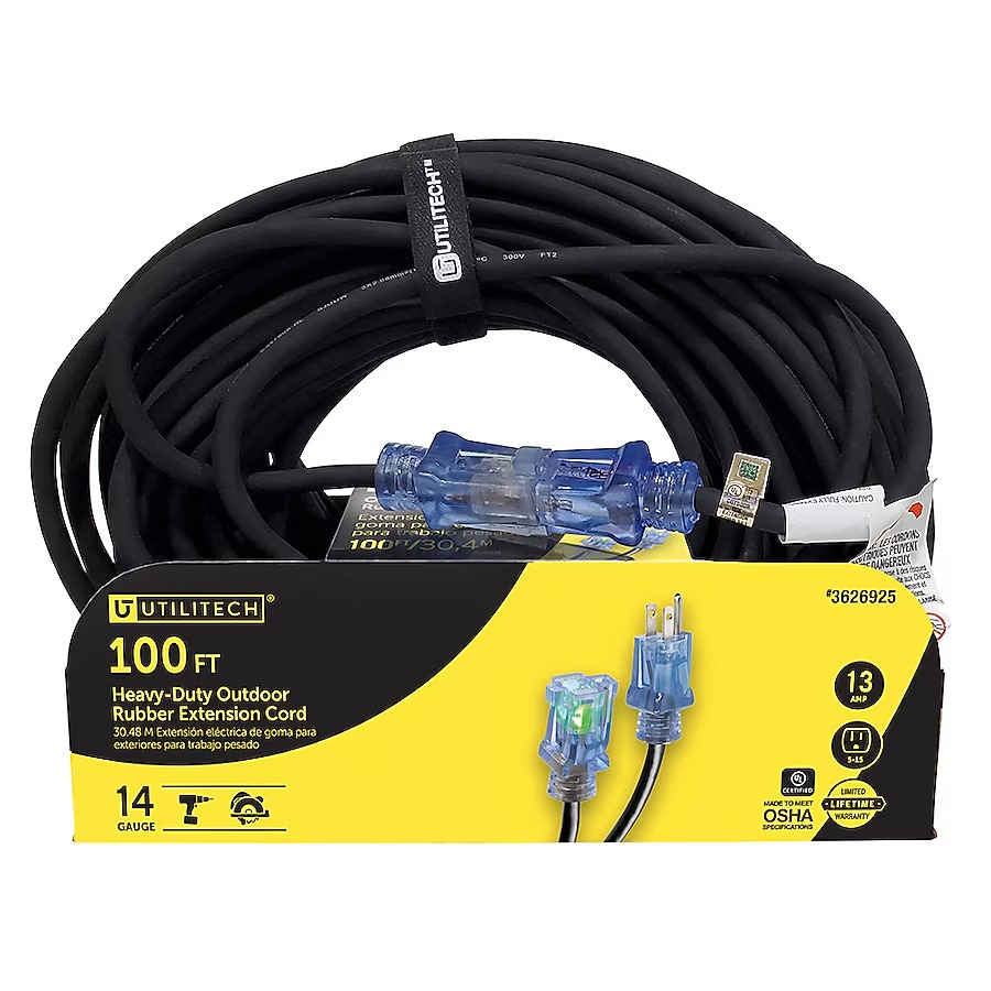 Utilitech UTP732735 Rubber Cords 100-ft 14 3 3 Prong Black Indoor Outdoor SJOOW Heavy Duty Lighted Extension Cord_11zon (1) Utilitech UTP732735 Rubber Cords 100-ft 14 / 3 3 Prong Black Indoor/Outdoor SJOOW Heavy Duty Lighted Extension Cord