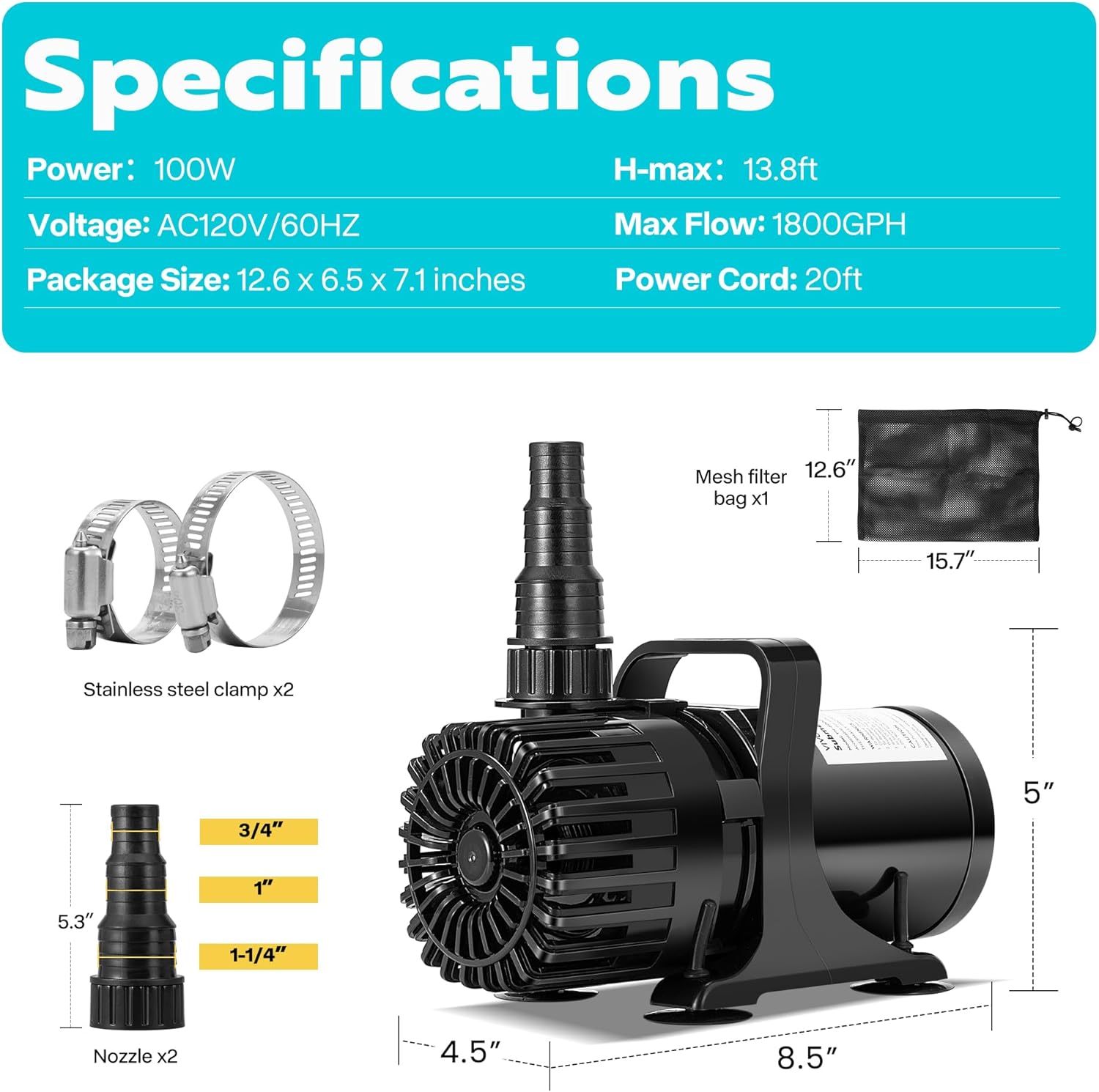 VIVOHOME 100W 1800GPH Submersible Water Pump with 180° Adjustable Water Outlet, 13.8ft High Lift for Waterfall Fountains Fish Tank Pond11