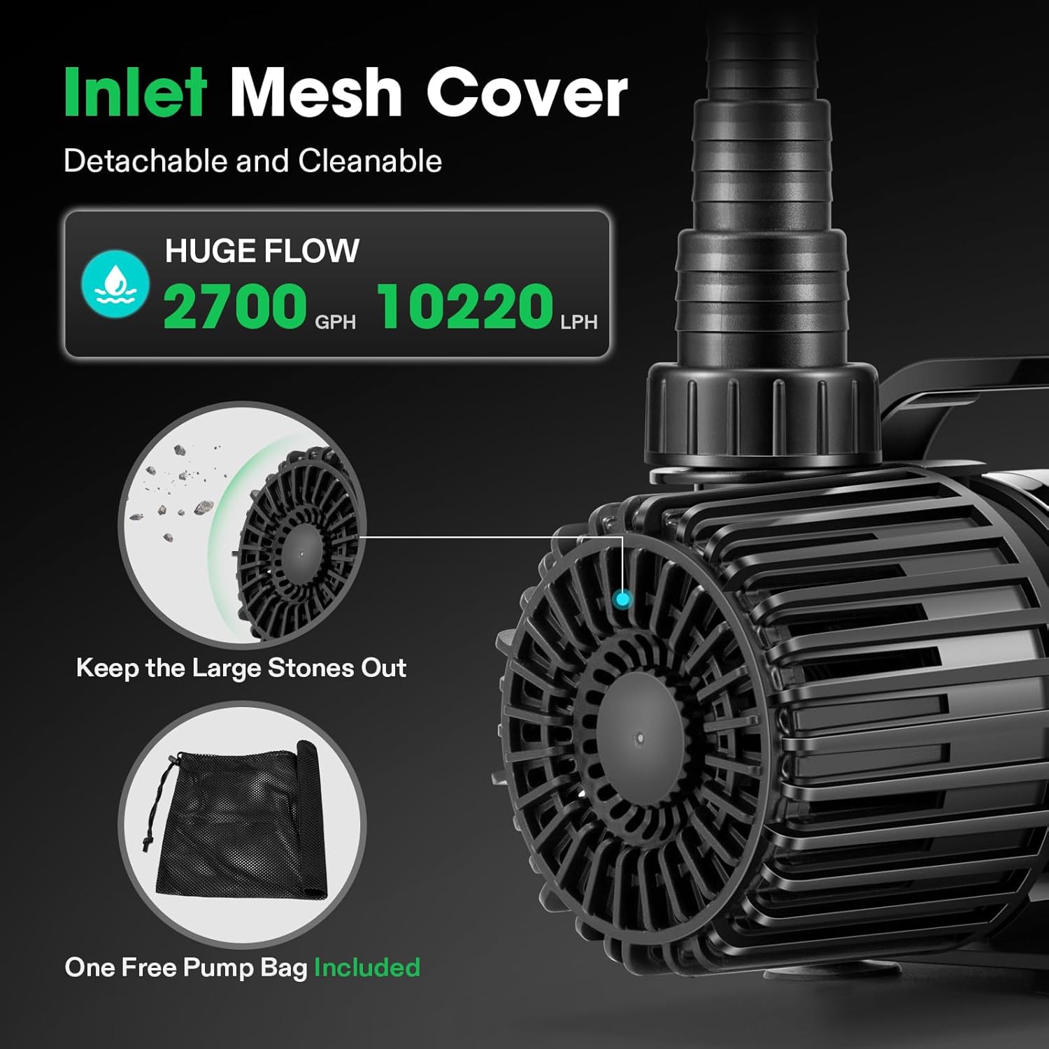 VIVOSUN 2700 GPH Submersible Water Pump with Barrier Bag, 120W Pond Pump, Ultra Quiet Aquarium Pump with 15FT. Lift Height for Pond, Waterfall, Fish Tank, Statuary, Hydroponic1