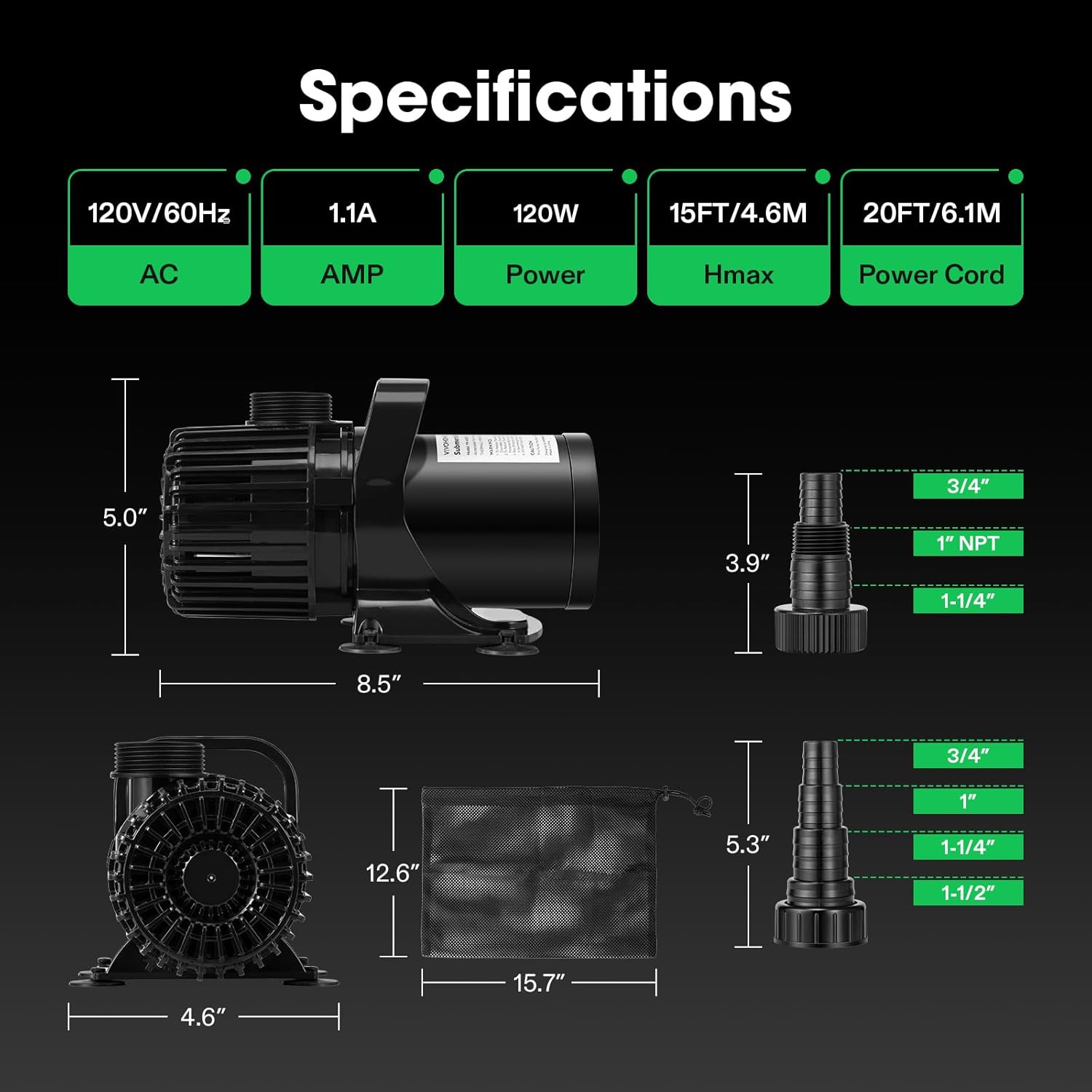 VIVOSUN 2700 GPH Submersible Water Pump with Barrier Bag, 120W Pond Pump, Ultra Quiet Aquarium Pump with 15FT. Lift Height for Pond, Waterfall, Fish Tank, Statuary, Hydroponic8