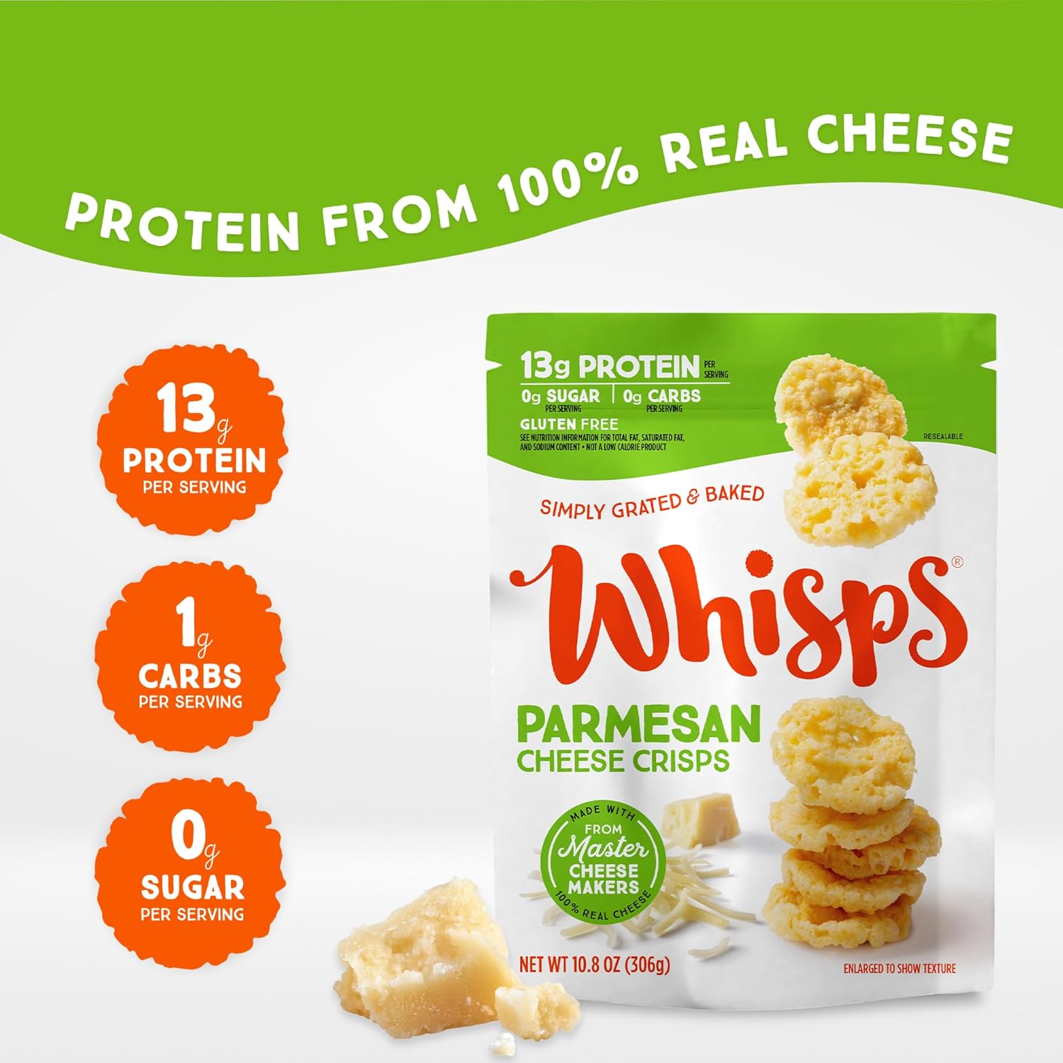 Whisps Cheese Crisps Parmesan Cheese Protein Chips Healthy Snacks Protein Snacks, Gluten Free, High Protein, Low Carb Keto Food (10.8 Oz, 2 Pack)1