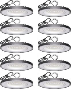 Yihuven 10 Pack UFO LED High Bay Light 200W, 30000 LM, 5000K Daylight, Commercial High Bay LED Shop Lights Fixture with 5' Cable US Hook for Warehouse Workshop Factory Barn Lighting