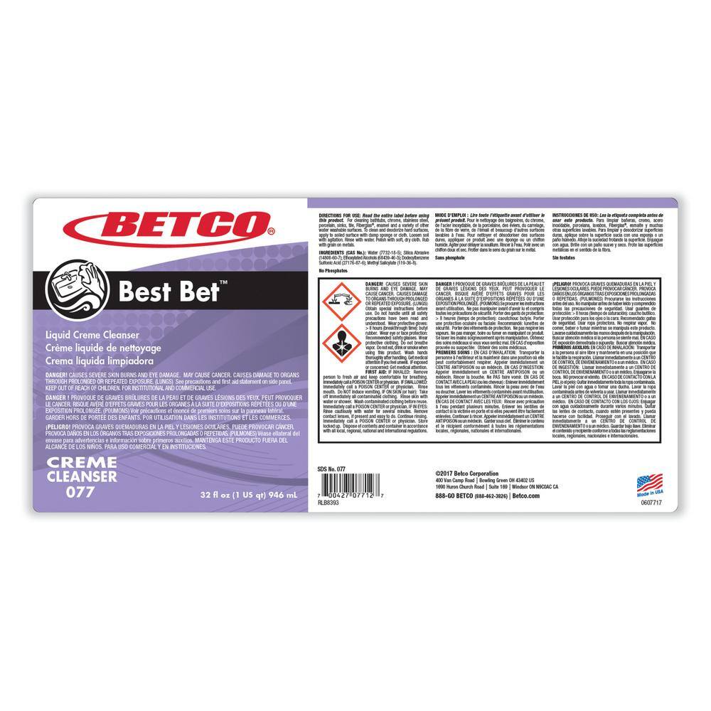 Betco BET771200 32 oz. Best Bet Liquid Creme Mint All-Purpose Cleaner, Bottle (12-Pack)5