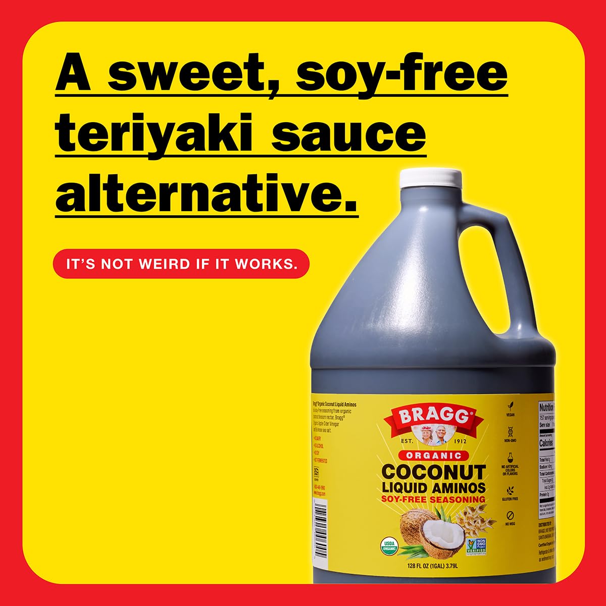 Bragg Organic Coconut Aminos, Soy-Free Seasoning - Vegan, Gluten Free, No GMO’s, Kosher Certified (128 Ounce)2