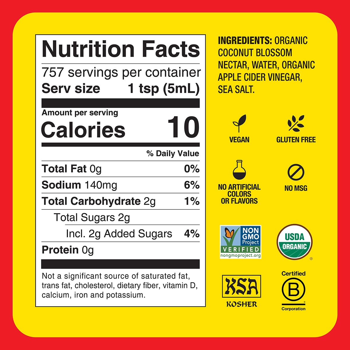 Bragg Organic Coconut Aminos, Soy-Free Seasoning - Vegan, Gluten Free, No GMO’s, Kosher Certified (128 Ounce)6