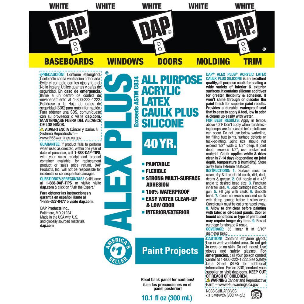 DAP 7079818103 Alex Plus 10.1 oz. White Acrylic Latex Caulk Plus Silicone (30-Pack)16