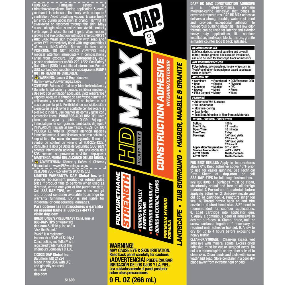 DAP 7079827511 HD Max Construction Adhesive 9 oz. (12-Pack)0
