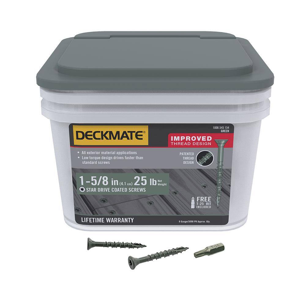DECKMATE 158DMG25BK #8 x 1-5 8 in. Green Exterior Self-Starting Torx Flat-Head Wood Deck Screws (25 lb. 1543-Piece) DECKMATE 158DMG25BK #8 x 1-5/8 in. Green Exterior Self-Starting Torx Flat-Head Wood Deck Screws (25 lb./1543-Piece)