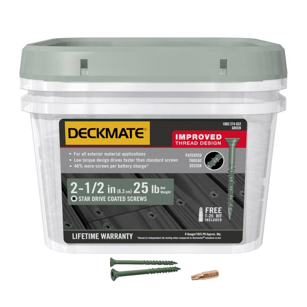 DECKMATE 212DMG25BK #9 x 2-1 2 in. Green Exterior Self-Starting Torx Flat-Head Wood Deck Screws (25 lb. 1823-Piece) DECKMATE 212DMG25BK #9 x 2-1/2 in. Green Exterior Self-Starting Torx Flat-Head Wood Deck Screws (25 lb./1823-Piece)