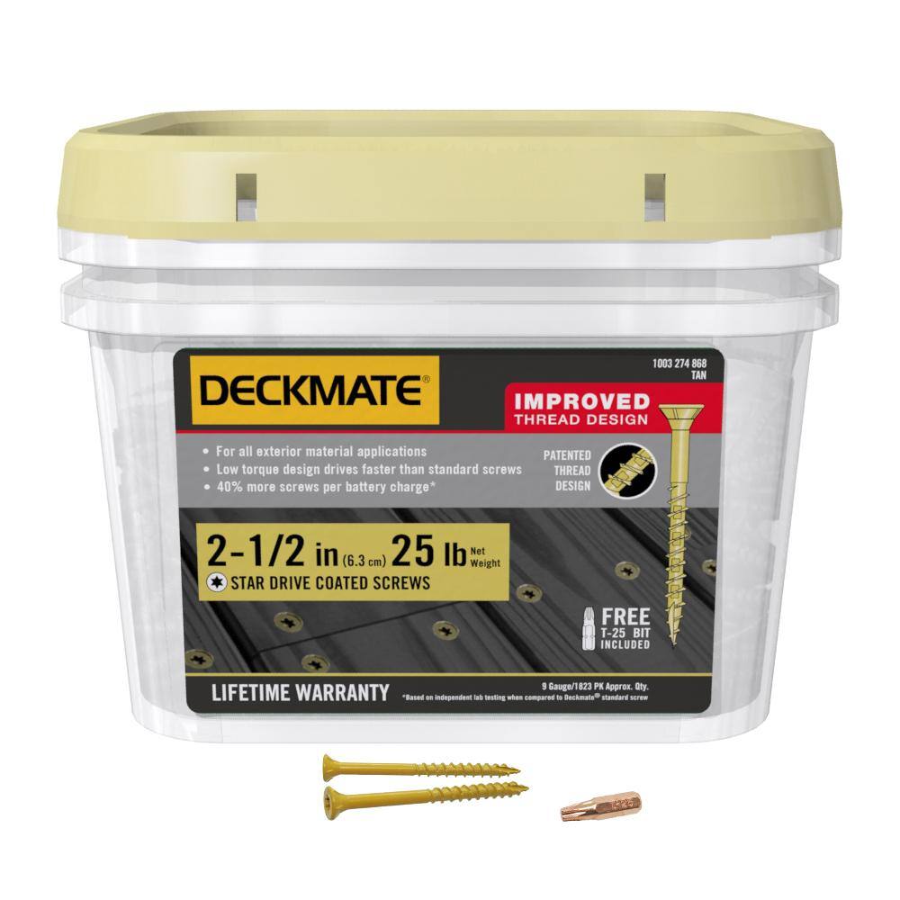 DECKMATE 212DMT25BK #9 x 2-1 2 in. Tan Torx Flat-Head Wood Deck Screws (25 lb. 1823-Piece) DECKMATE 212DMT25BK #9 x 2-1/2 in. Tan Torx Flat-Head Wood Deck Screws (25 lb./1823-Piece)
