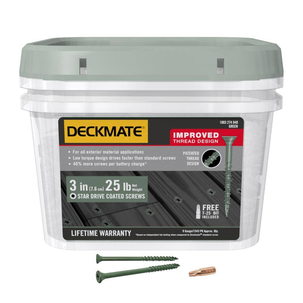 DECKMATE 3DMG25BK #9 x 3 in. Green Exterior Self-Starting Torx Flat-Head Wood Deck Screws (25 lb. 1543-Piece) DECKMATE 3DMG25BK #9 x 3 in. Green Exterior Self-Starting Torx Flat-Head Wood Deck Screws (25 lb./1543-Piece)
