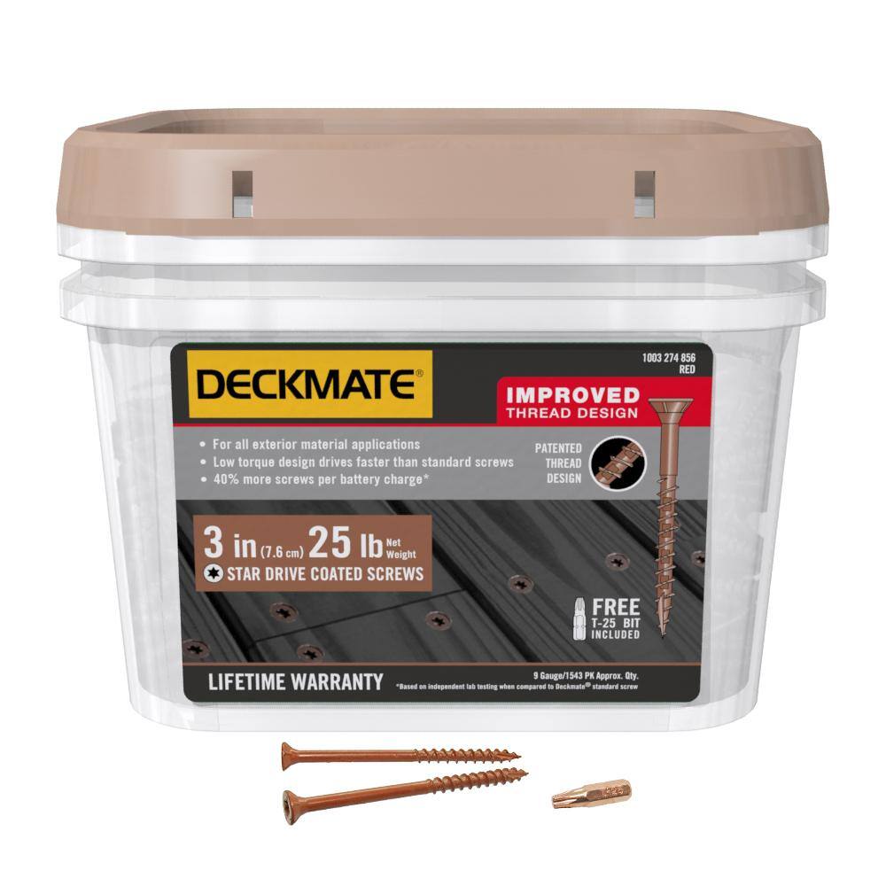 DECKMATE 3DMR25BK #9 x 3 in. Red Torx Flat-Head Wood Deck Screws (25 lb. 1543-Piece) DECKMATE 3DMR25BK #9 x 3 in. Red Torx Flat-Head Wood Deck Screws (25 lb./1543-Piece)