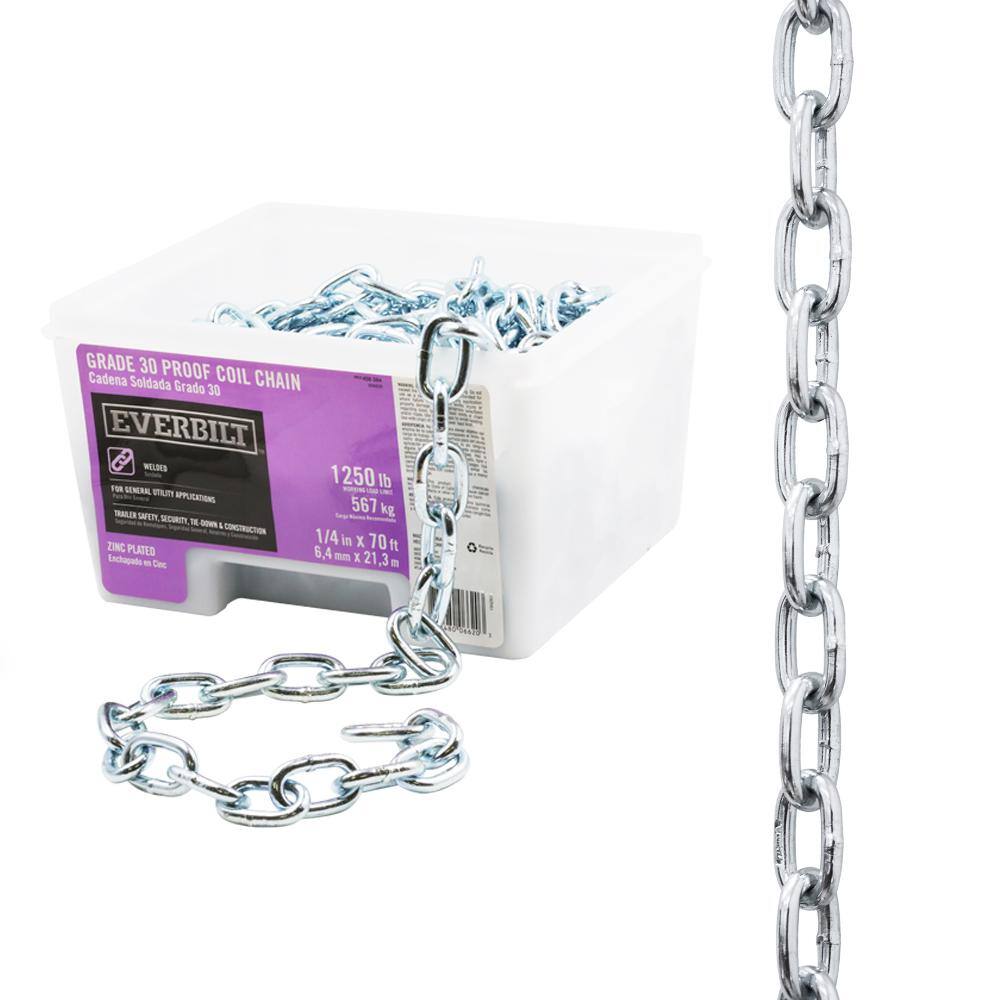 Everbilt 806620 1 4 in. x 70 ft. Grade 30 Zinc Plated Steel Proof Coil Chain Everbilt 806620 1/4 in. x 70 ft. Grade 30 Zinc Plated Steel Proof Coil Chain